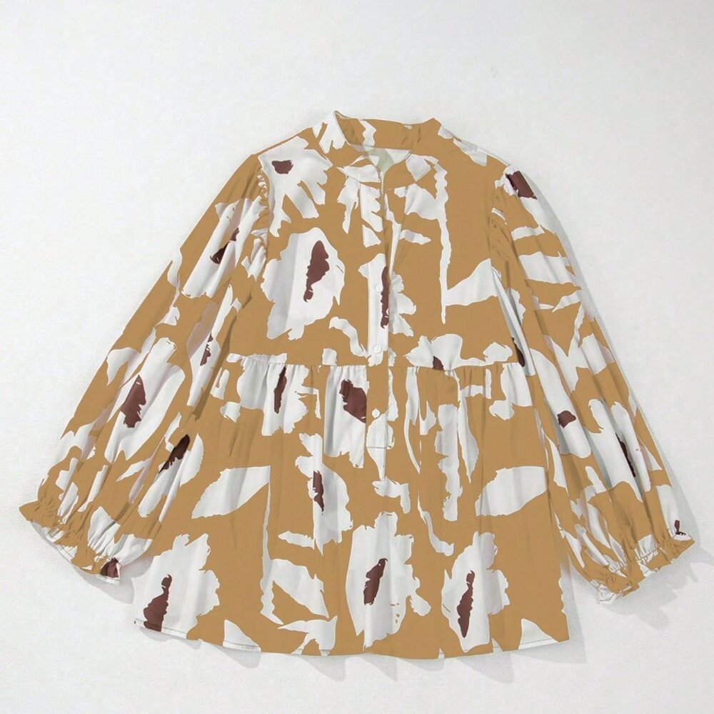 Yellow Boho Women's Floral Print Partial Open Collar Blouse Top - Picture 2 of 3